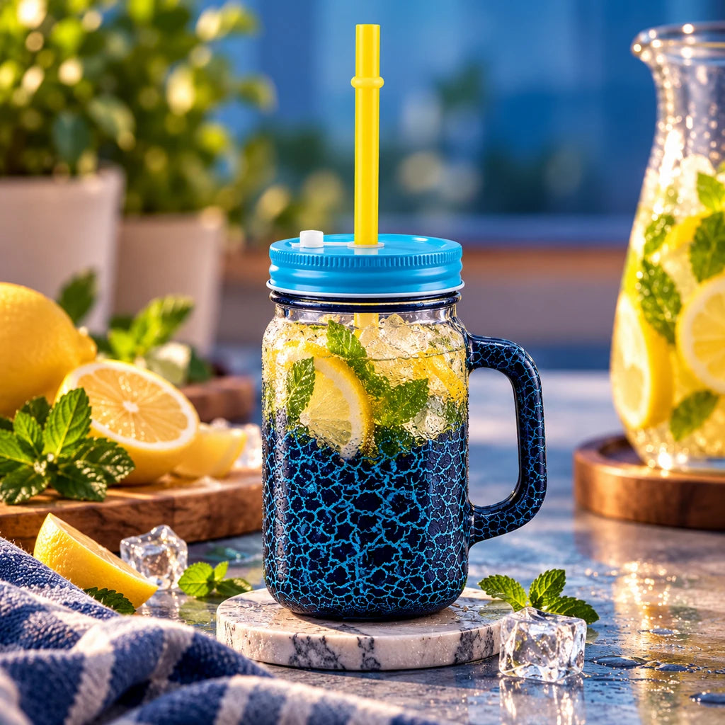 Kleeyo Blue Crackle 450 ml Glass Mason Jar with Straw