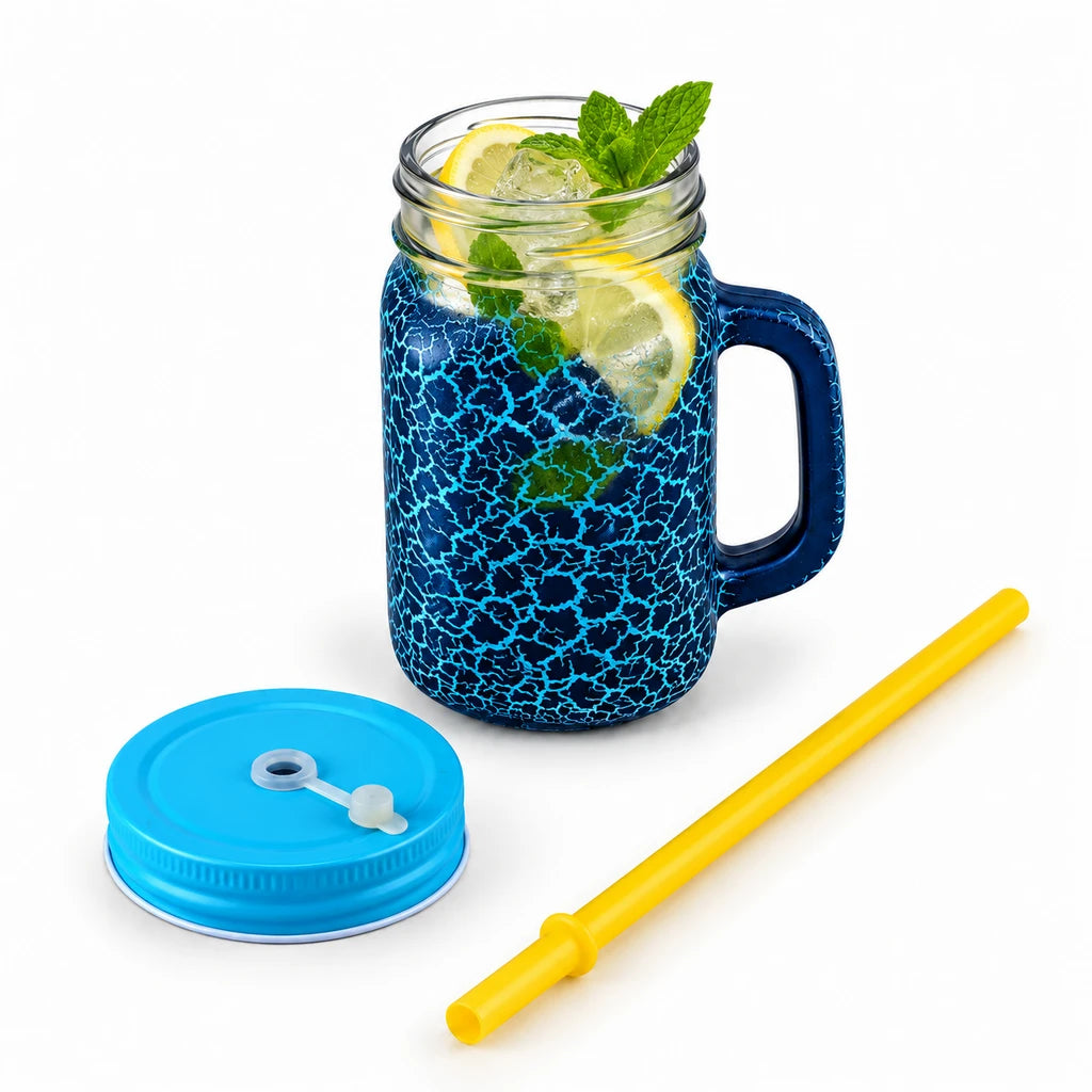 Kleeyo Blue Crackle 450 ml Glass Mason Jar with Straw