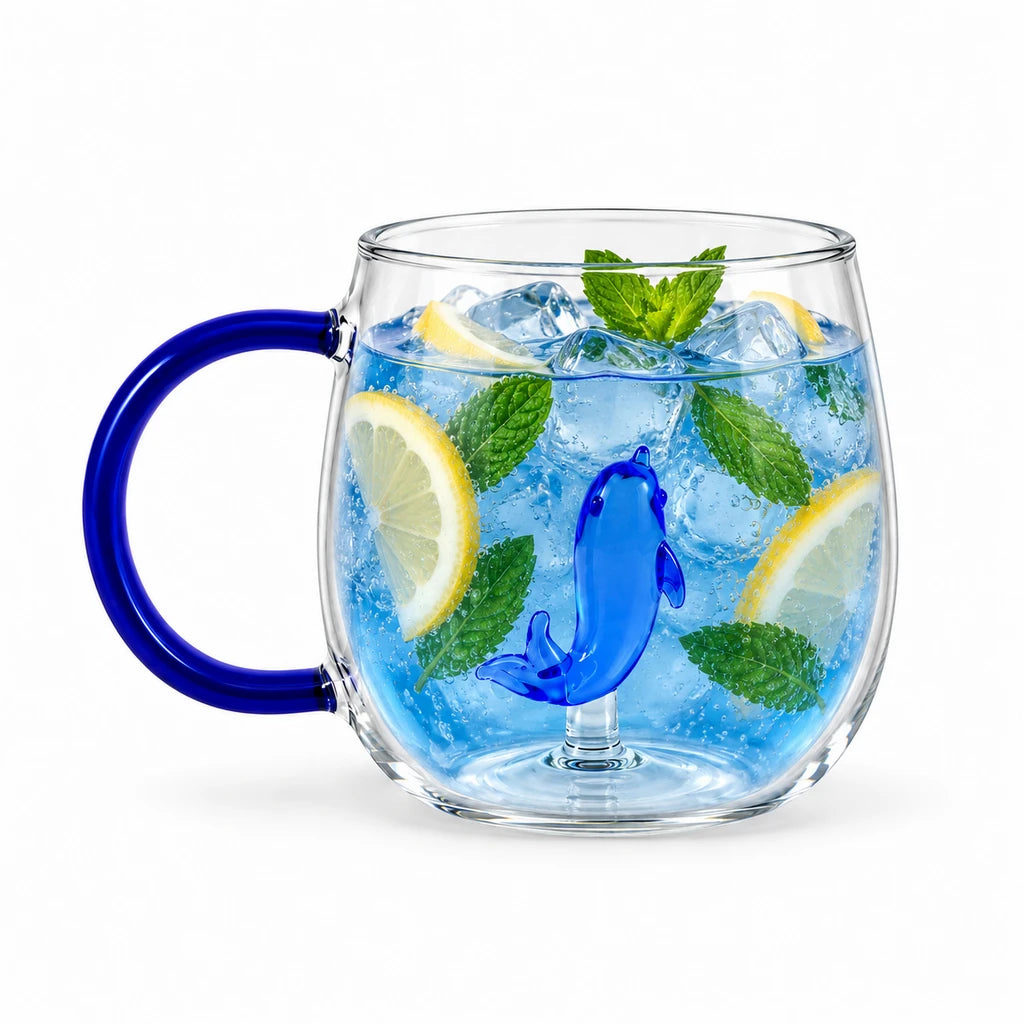 D.W.M Blue Dolphin Glass Mug with Blue Handle, 400 ml