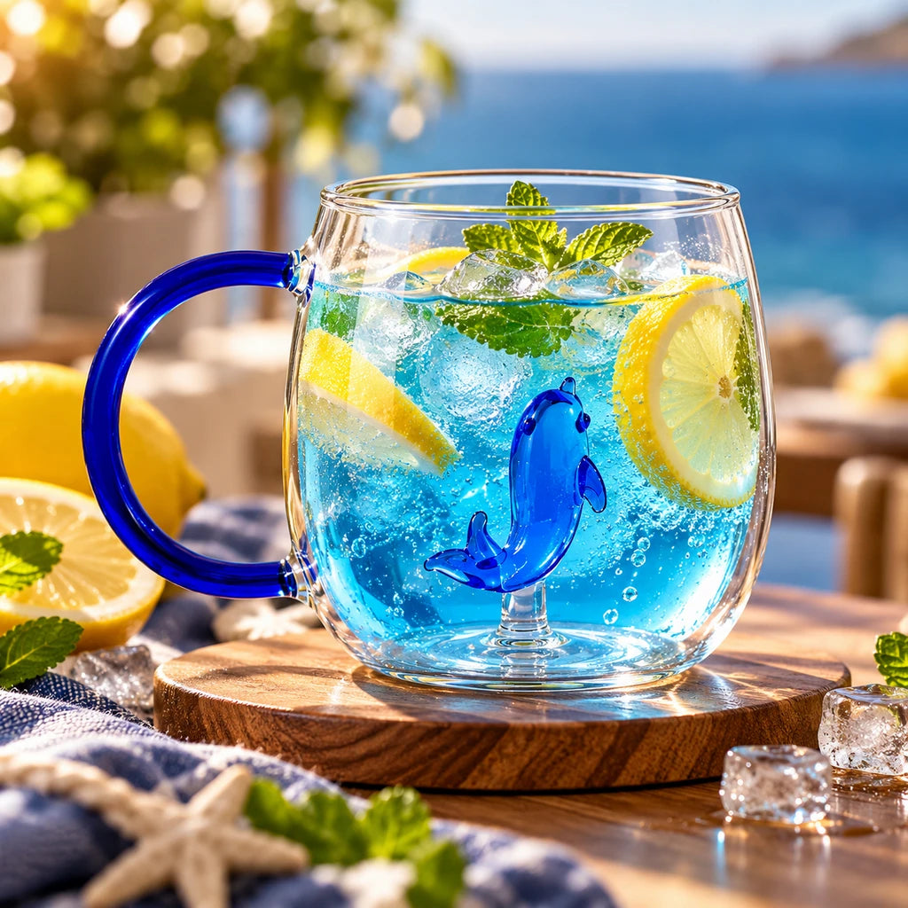 D.W.M Blue Dolphin Glass Mug with Blue Handle, 400 ml