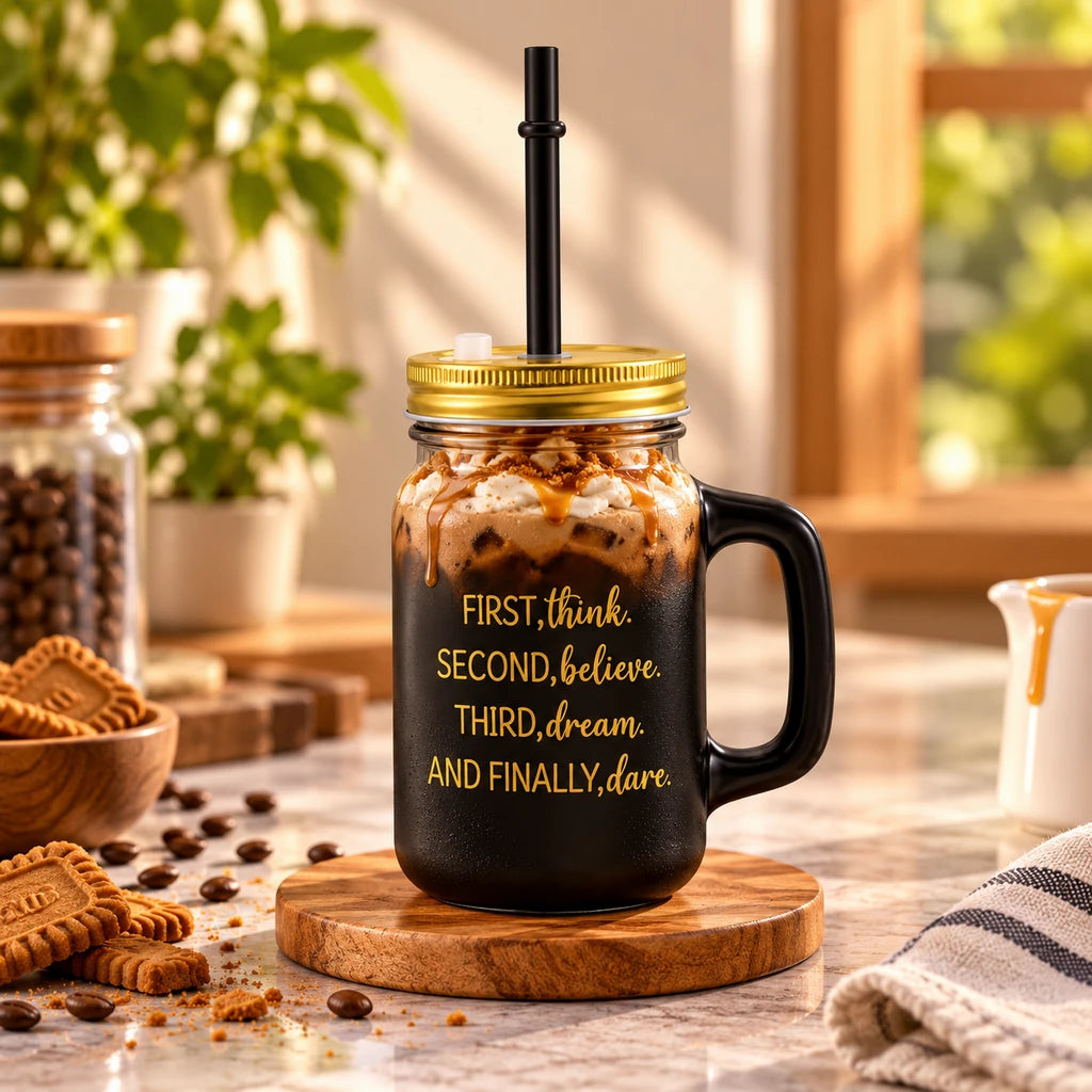 Kleeyo Black Dream & Dare 450 ml Glass Mason Jar with Straw