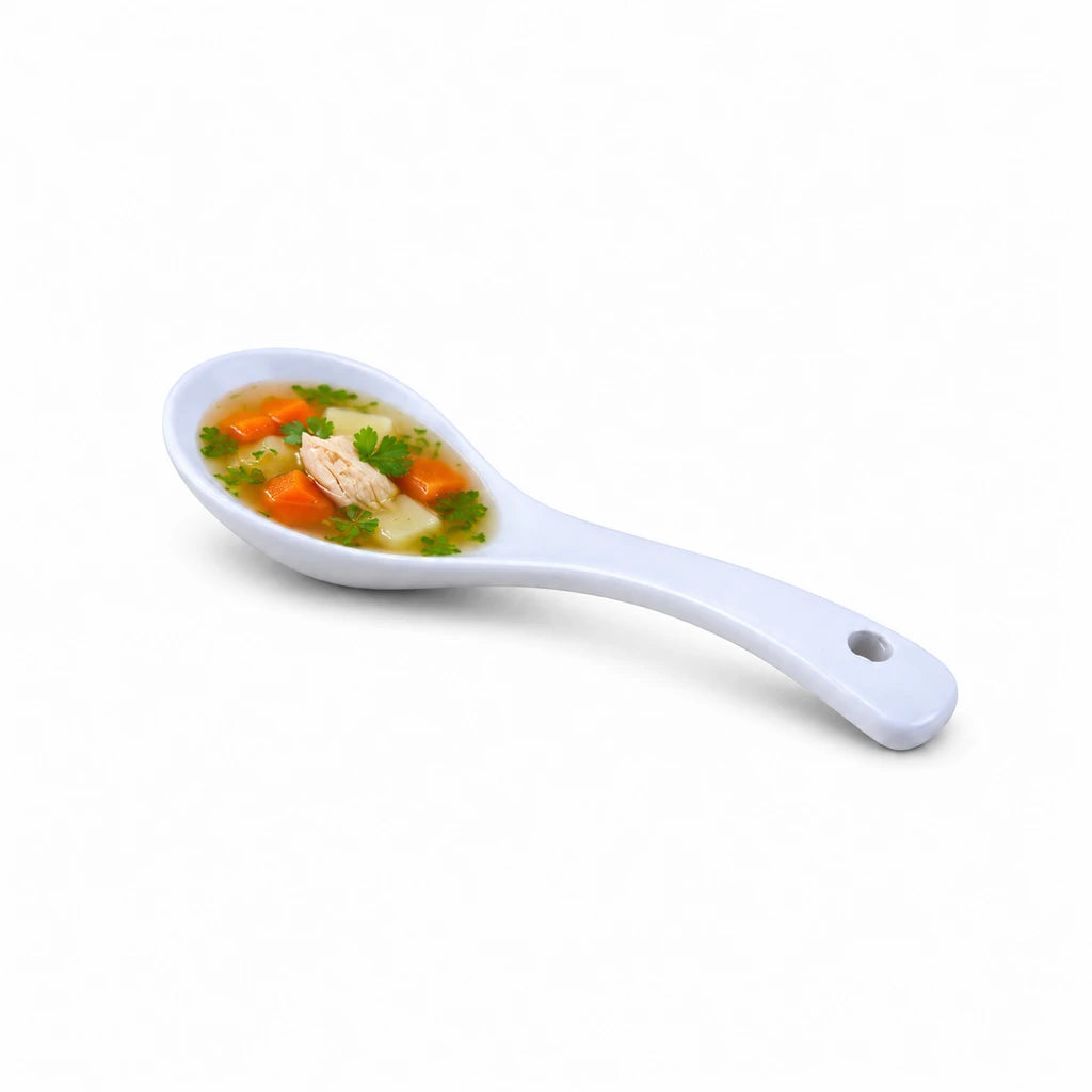 Forte B.K Curved-Handle White Ceramic Soup Spoon, 5.5 Inch
