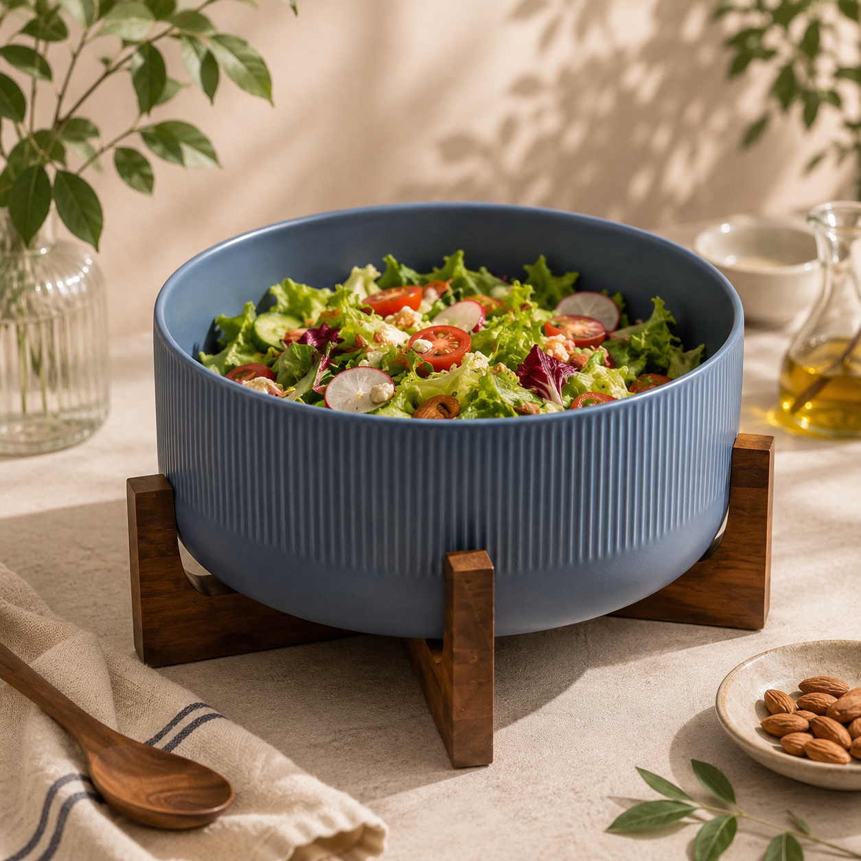 Danny Home 2.7-Liter 22.5 Cm Ceramic Salad Bowl With Wooden Stand