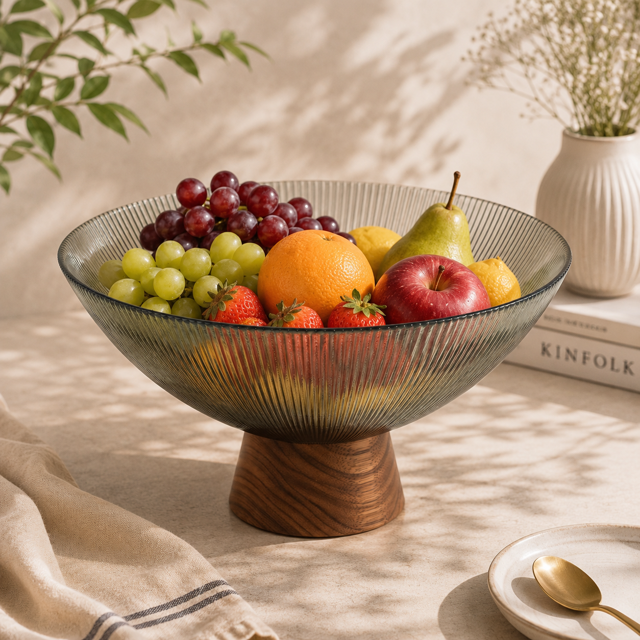 Danny Home 26*14 cm Glass Fruit Bowl With Wooden Base