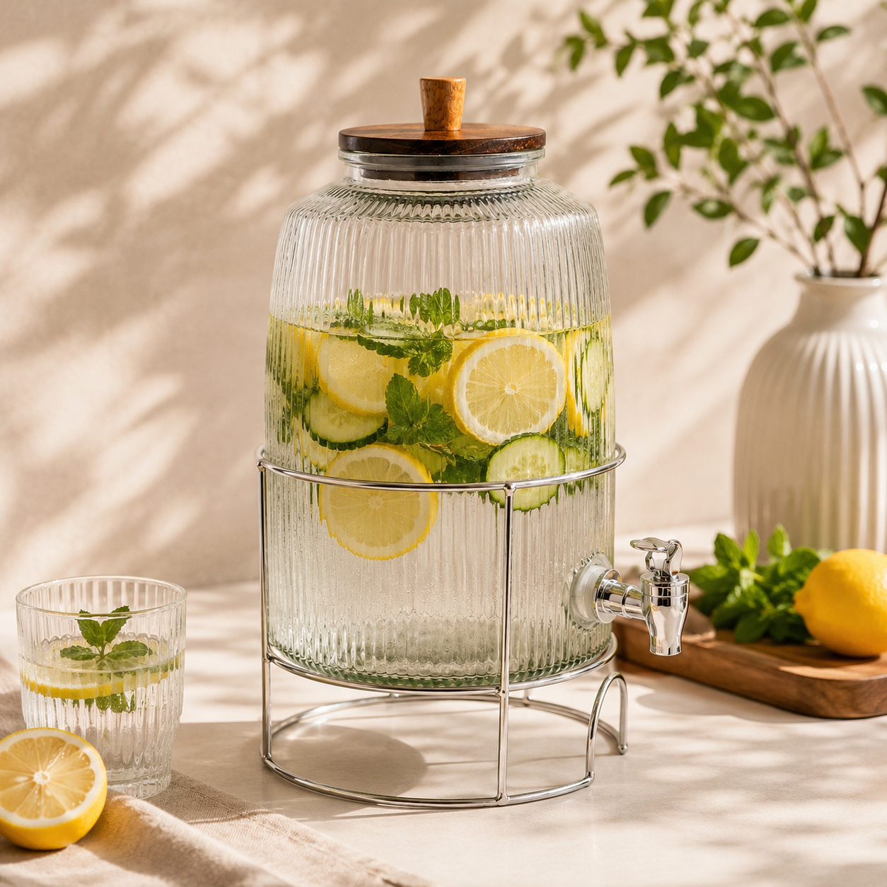 Danny Home 6-Liter Glass Dispenser With Stainless Steel Stand And Wooden Lid