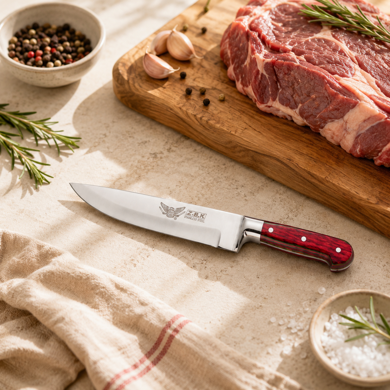Z.B.K Stainless Steel Butcher Knife With Colored Wooden Handle