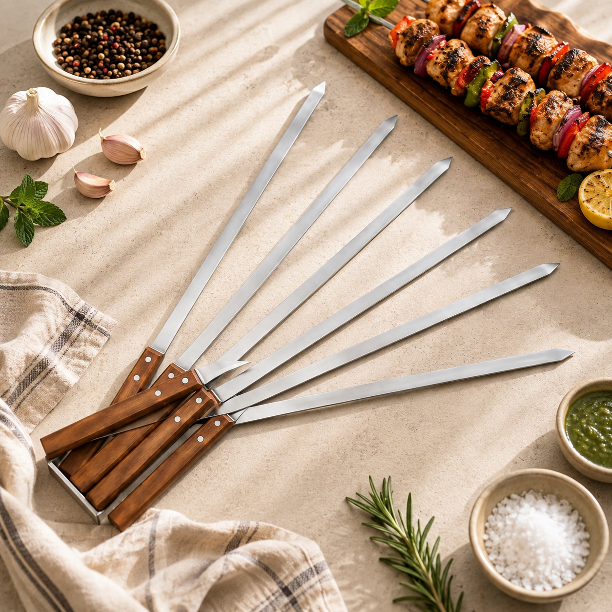 Z.B.K 18-Inch 6-Piece Stainless Steel B.B.Q Tikka Knife With Wooden Handle Set