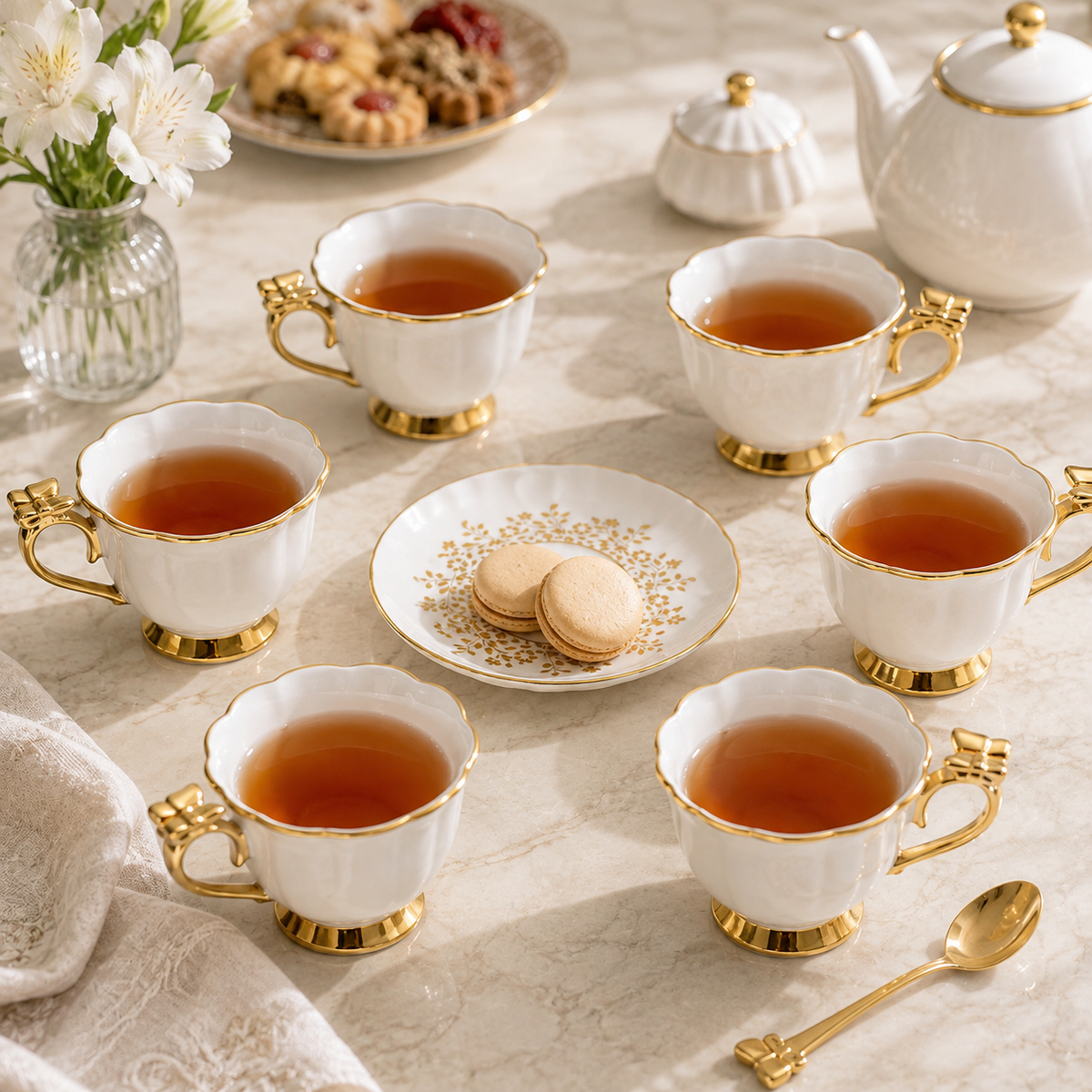 Royal 6-Piece Ceramic "Elegant Gold Bow" Cup And Saucer Set With Gift Box