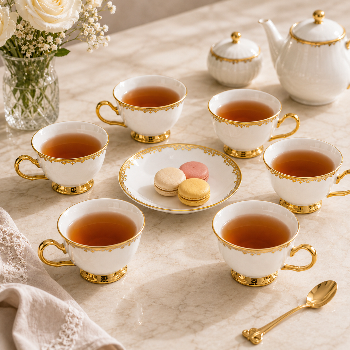 Royal 6-Piece Ceramic "Minimalist Gold Rim" Cup And Saucer Set With Gift Box