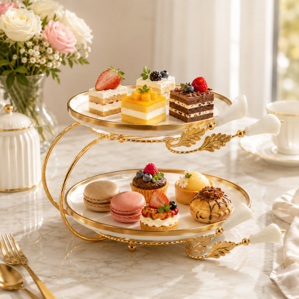 Fancy 2-Tier Oval Ceramic Pastry Stand With Metal Stand