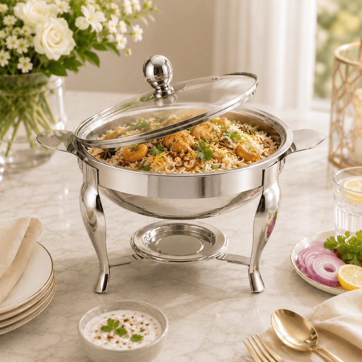 R/S Stainless Steel Serving Pot With Stand Kaka Bawa Sons