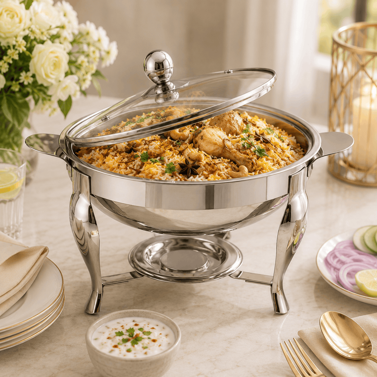 R/S Stainless Steel Serving Pot With Stand Kaka Bawa Sons