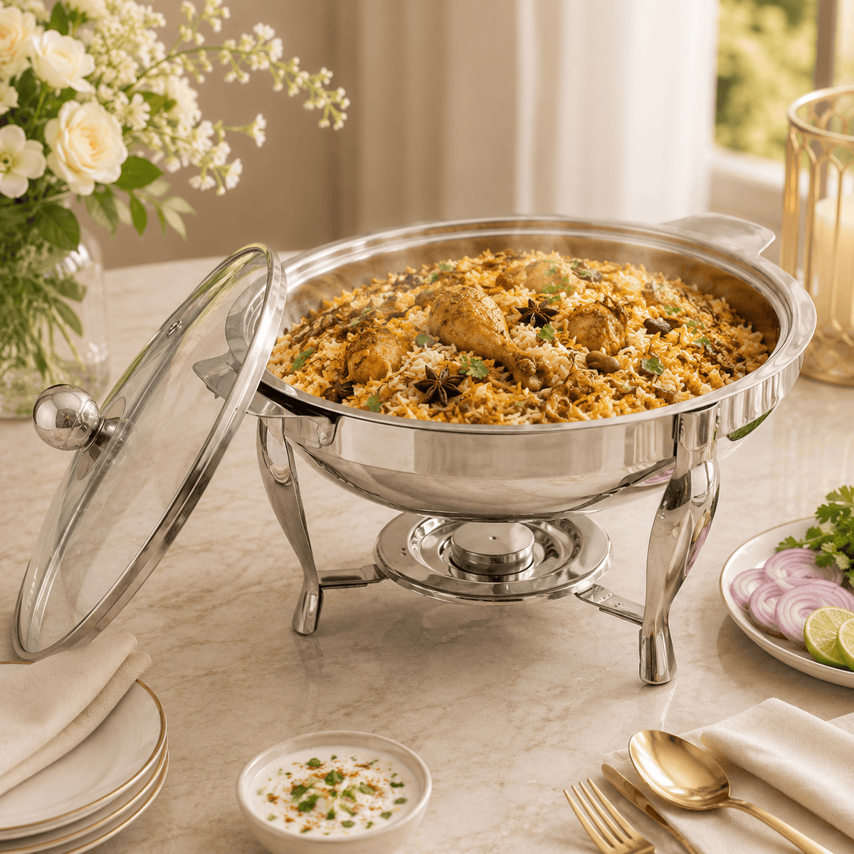 R/S Stainless Steel Serving Pot With Stand Kaka Bawa Sons