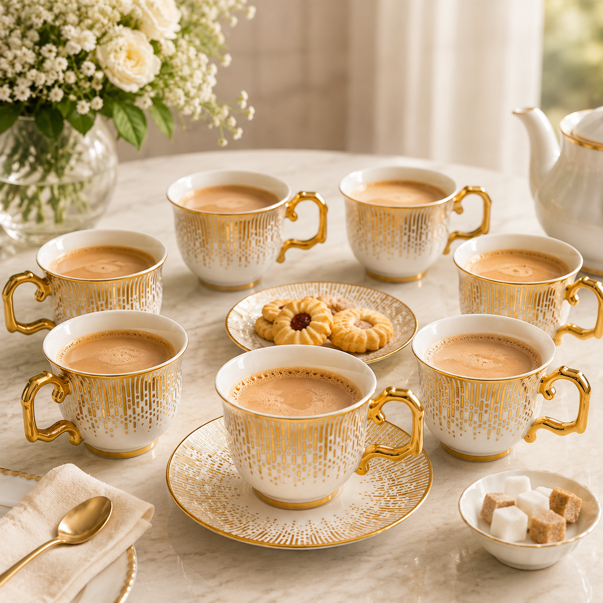 Royal 6-Piece Ceramic "Elegant Gold Rain" Cup And Saucer Set With Gift Box