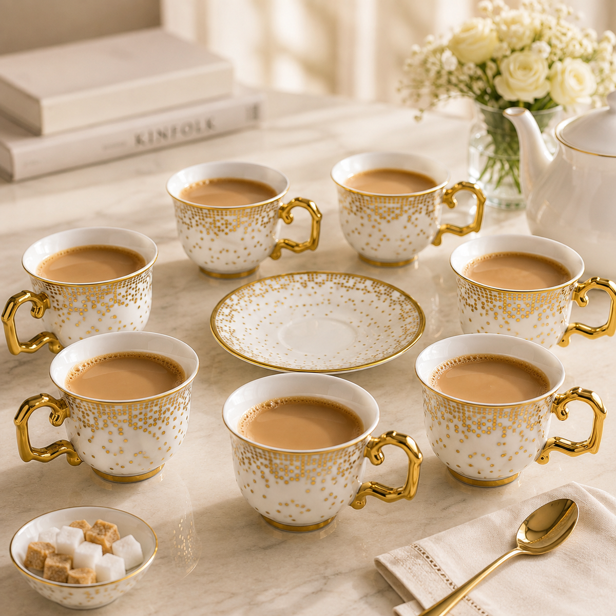 Royal 6-Piece Ceramic "Luxury Gold Confetti" Cup And Saucer Set With Gift Box