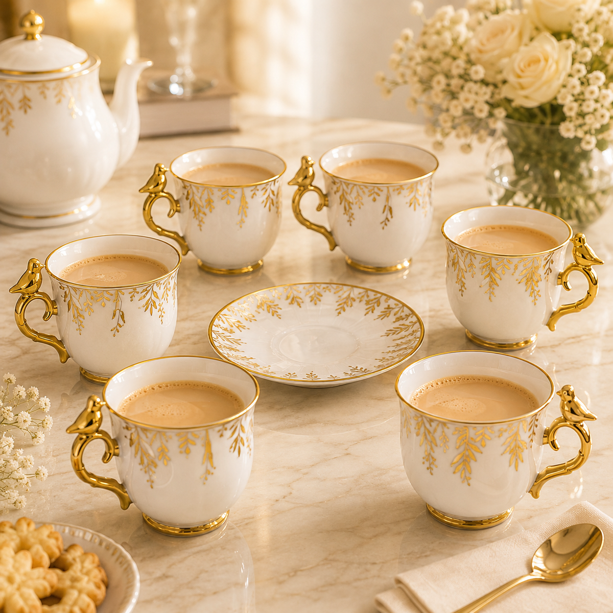 Royal 6-Piece Ceramic "Royal Gold Bird" Cup And Saucer Set With Gift Box