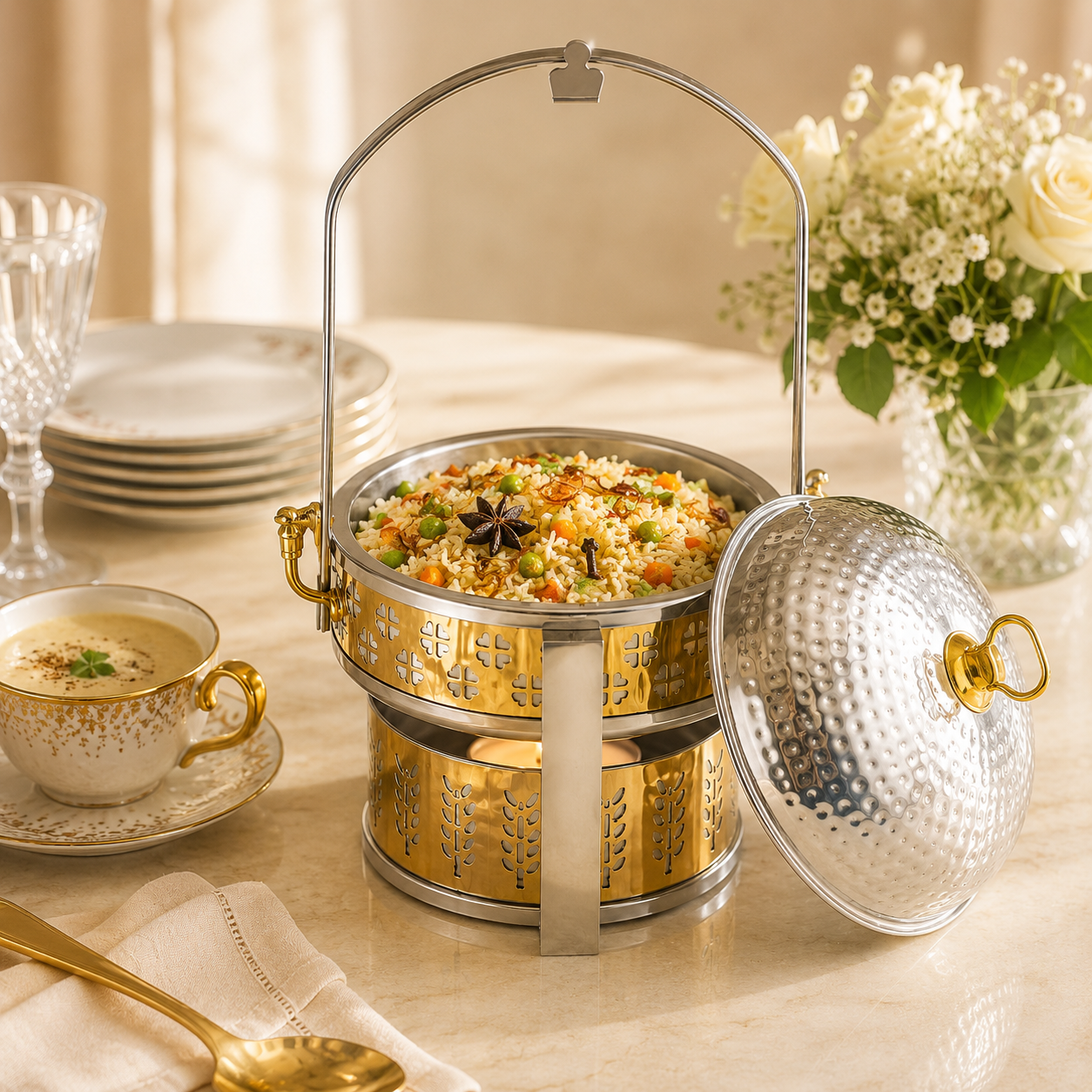 R/S Oman Stainless Steel Silver & Gold Open Chafing Dish
