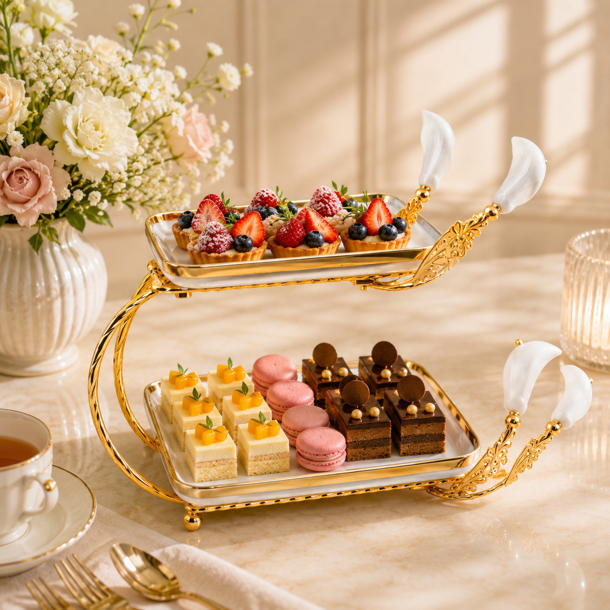 Fancy 2-Tier Rectangular Steel Pastry Stand With Glass Trays