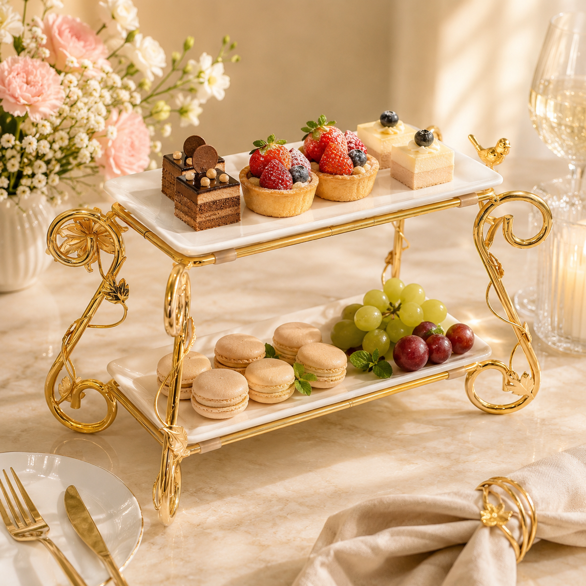 Fancy 2-Tier Rectangular Steel Pastry Stand With Glass Trays