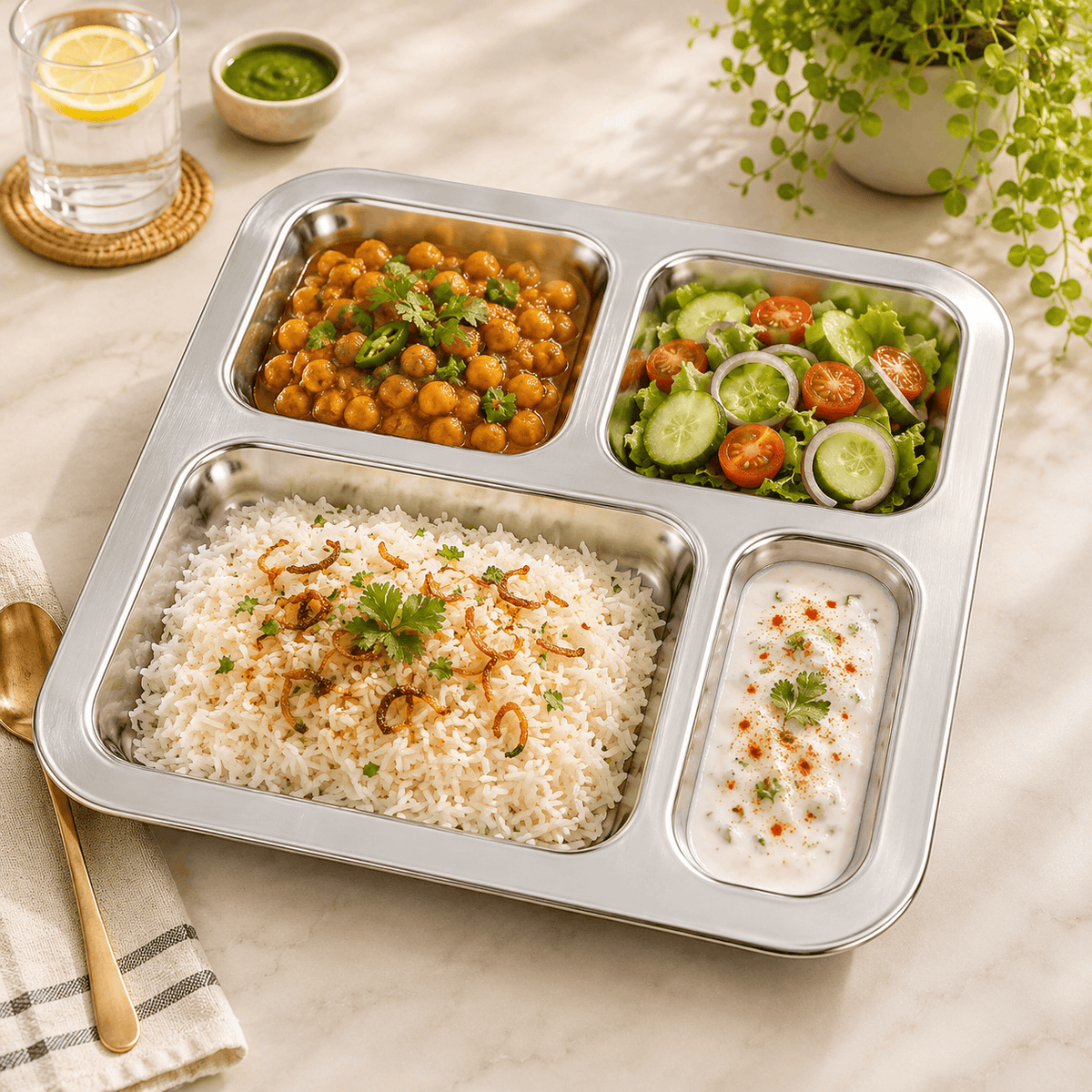 M.G 4-Portion Stainless Steel Rectangular Tray Kaka Bawa Sons