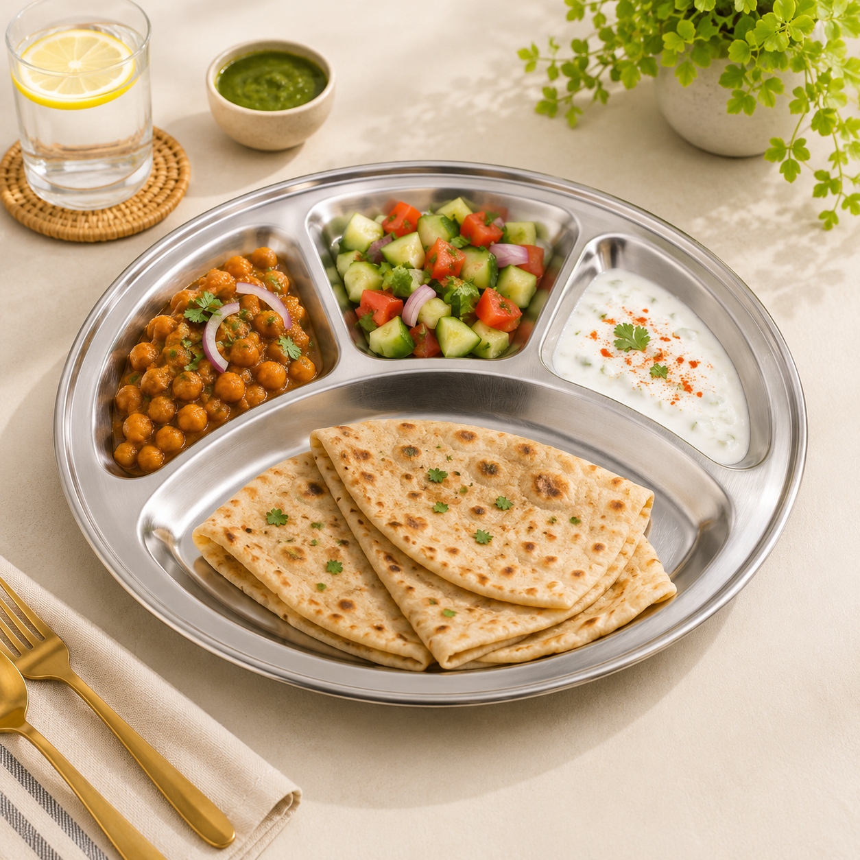 M.G 4-Portion 32 Cm Stainless Steel Round Serving Tray