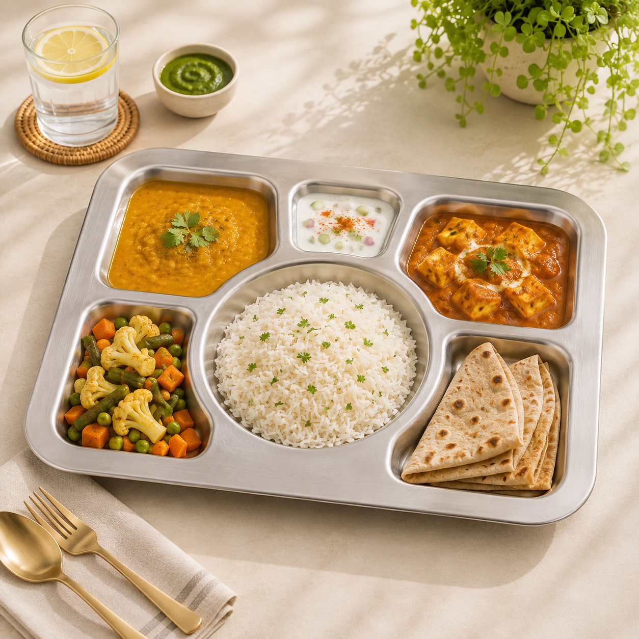 M.G 6-Portion 42*32 Cm Stainless Steel Rectangular Serving Tray