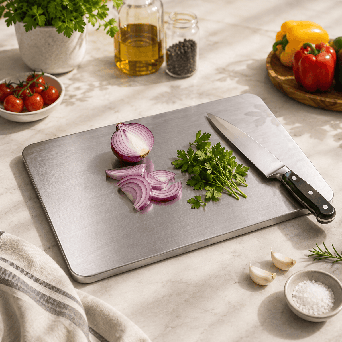 A rectangular stainless steel cutting board with rounded corners sits on a light stone countertop, styled with a chef's knife, sliced red onion, parsley, garlic cloves, tomatoes, and other kitchen ingredients.