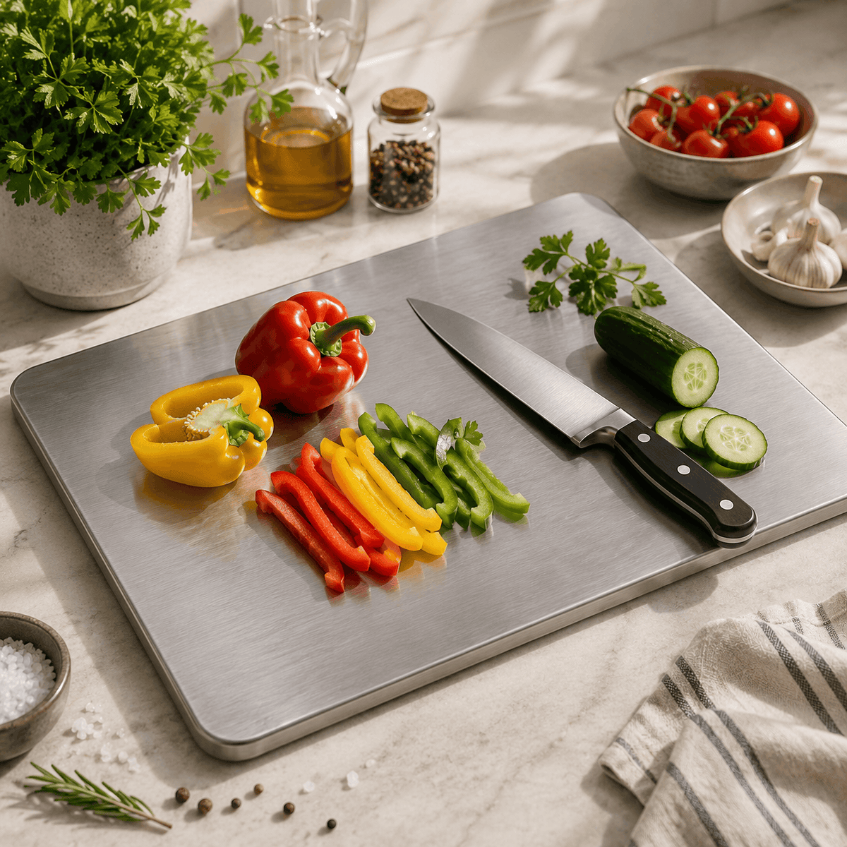 A stainless steel kitchen knife with a black handle rests on a rectangular metal cutting board, surrounded by sliced and whole bell peppers, a cucumber, parsley, garlic, oil, spices, and a potted herb on a light stone countertop.