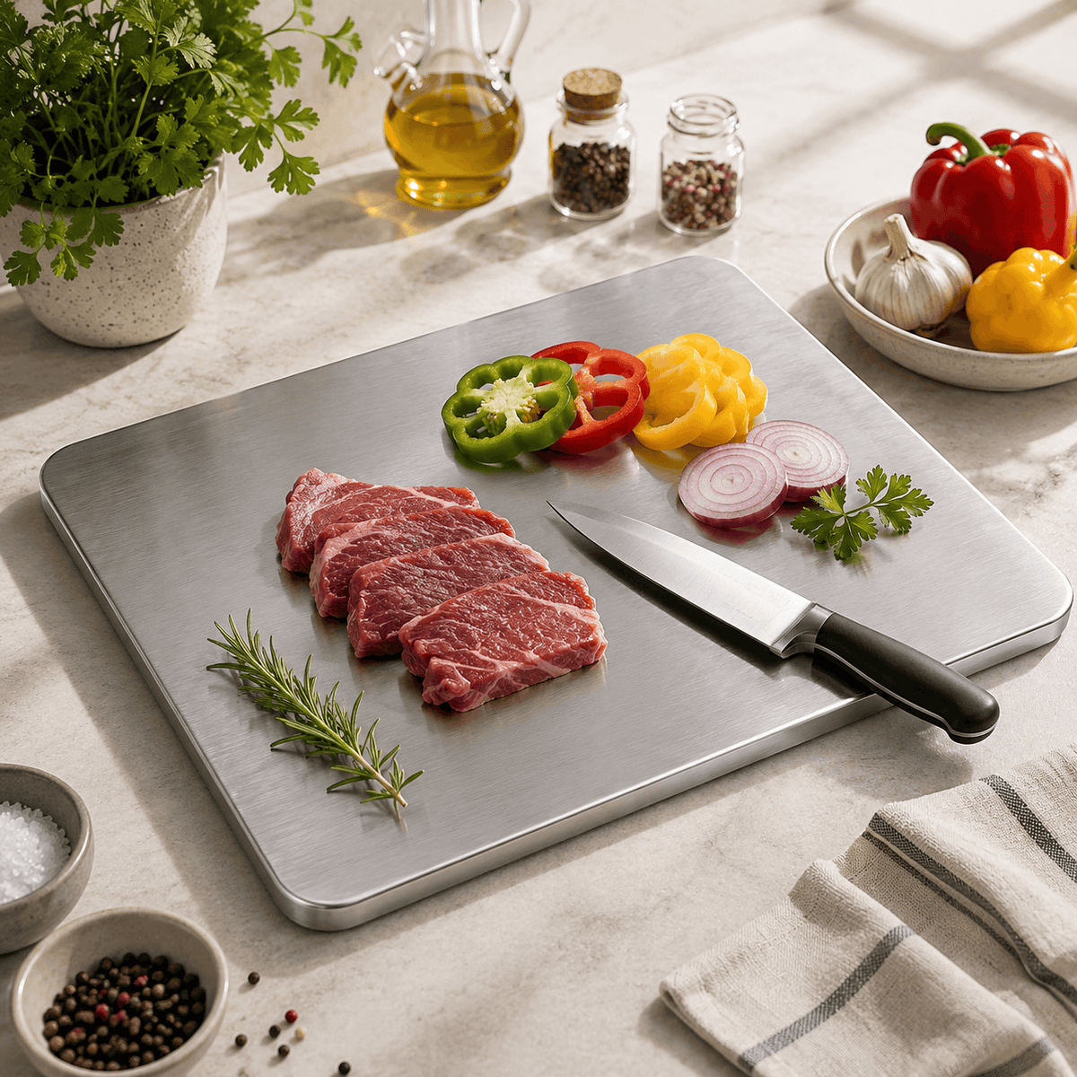 A stainless steel rectangular cutting board with rounded corners sits on a light stone countertop, holding sliced raw beef, a chef's knife, red onion, pepper slices, and parsley. Surrounding props include a potted herb, oil bottle, spice jars, bell peppers, garlic, and folded towels.