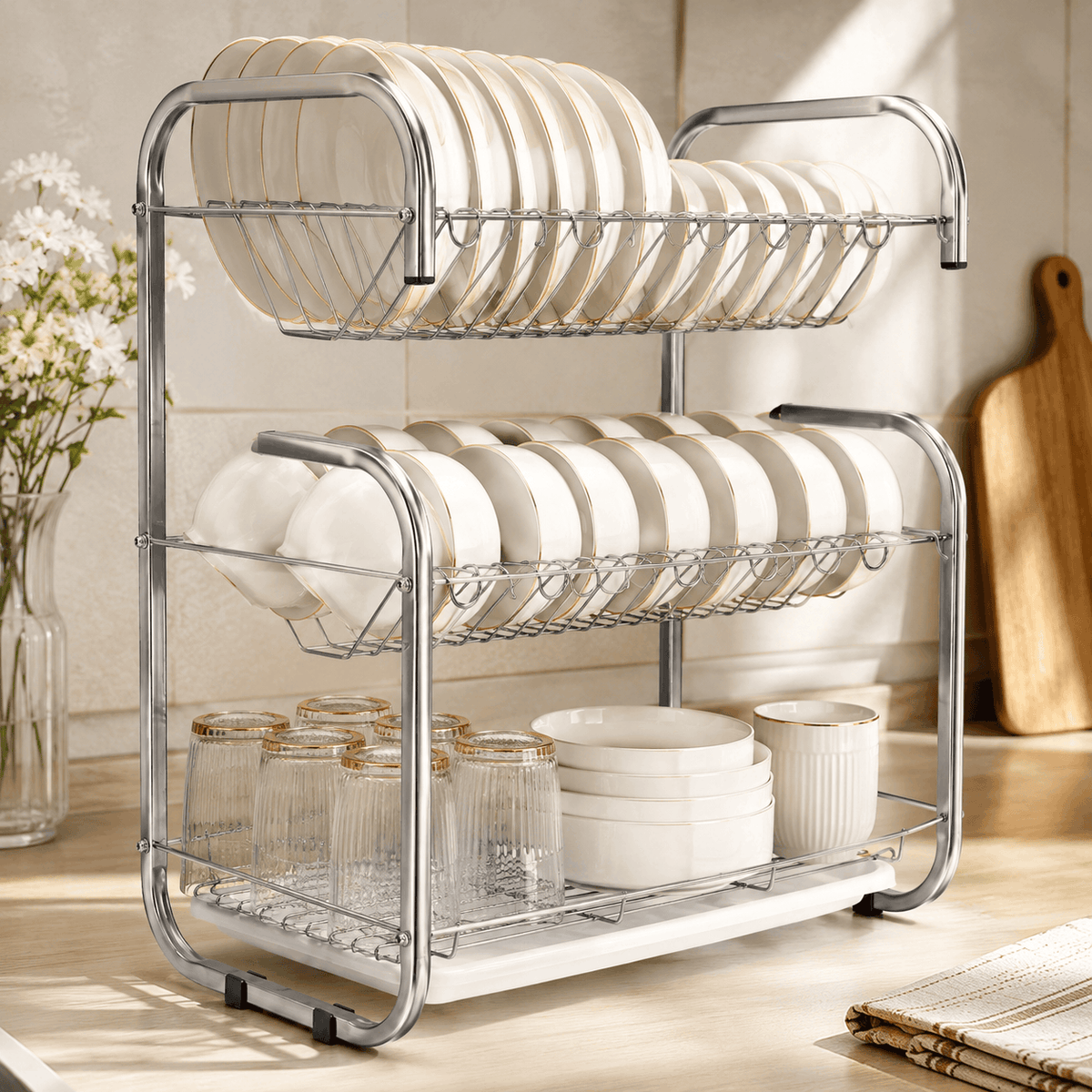 SK 3-Tier Stainless Steel G-Shaped Plate Rack Kaka Bawa Sons