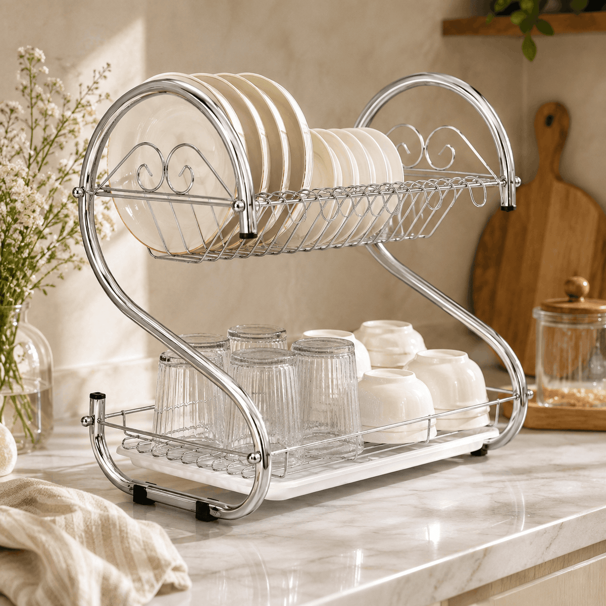 SK 2-Tier Stainless Steel S-Shaped Plate Rack Kaka Bawa Sons