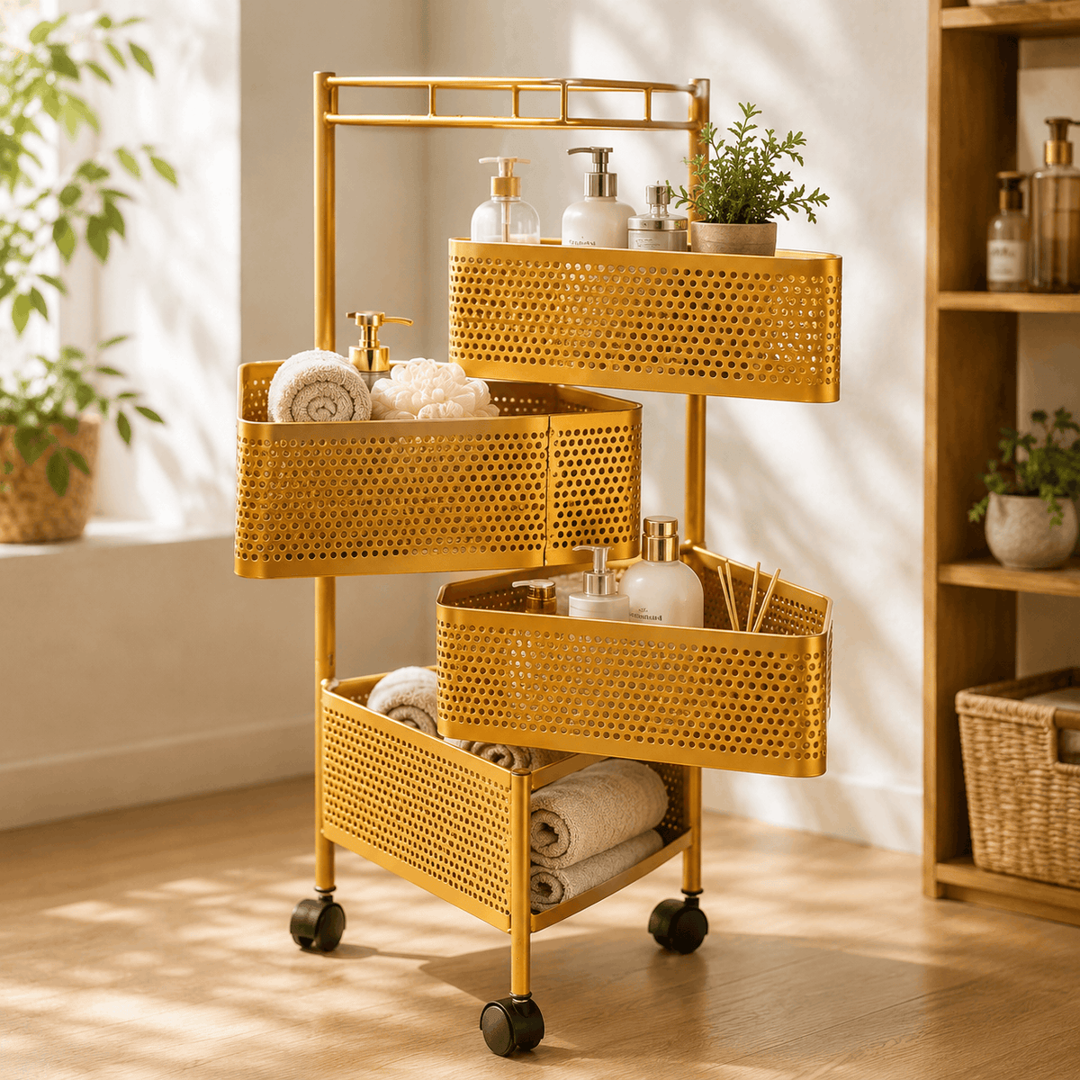 SK 4-Tier Stainless Steel Golden Triangular Storage Rack Kaka Bawa Sons