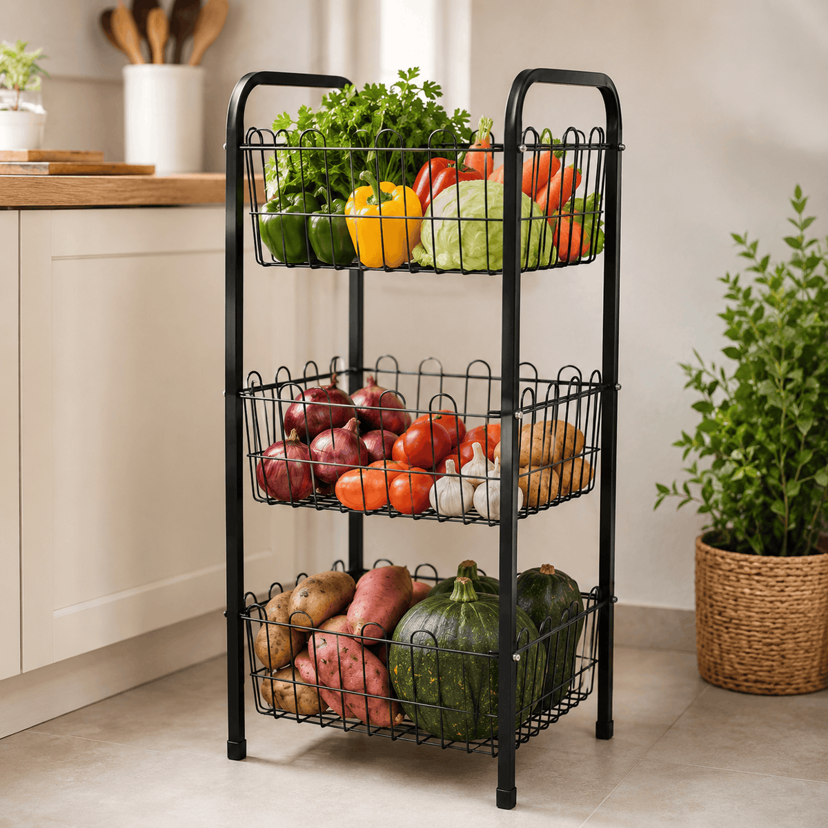 SK Black Plastic Wire Vegetable Rack Kaka Bawa Sons