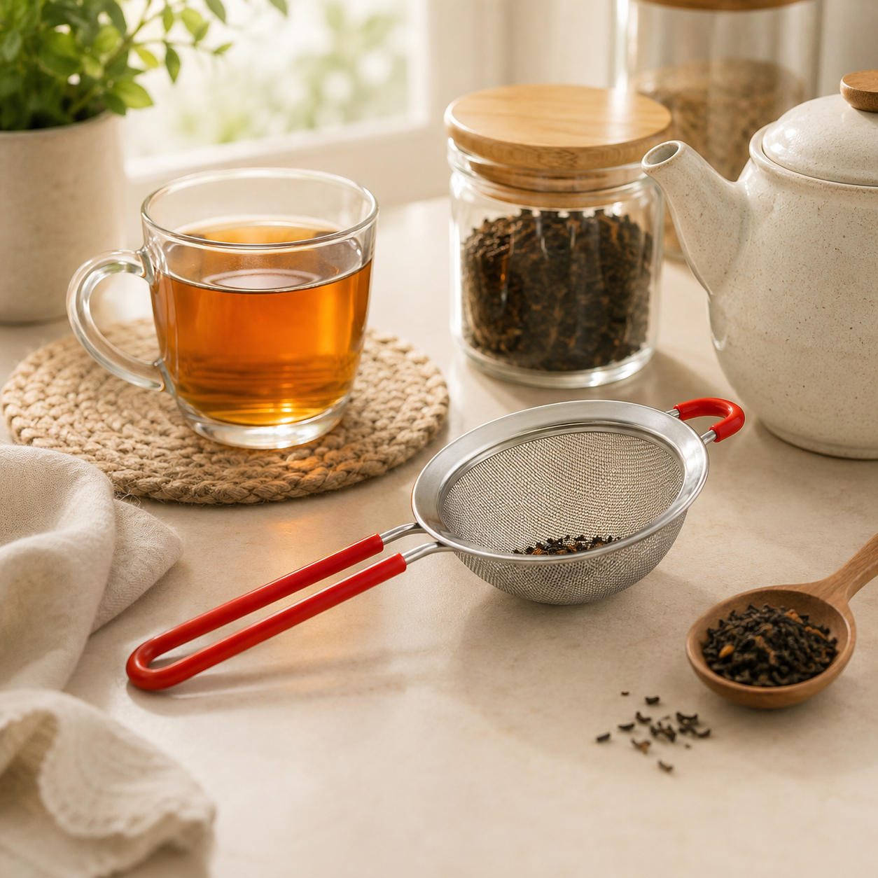 Nano 10 Cm Red Handle Steel Tea Strainer