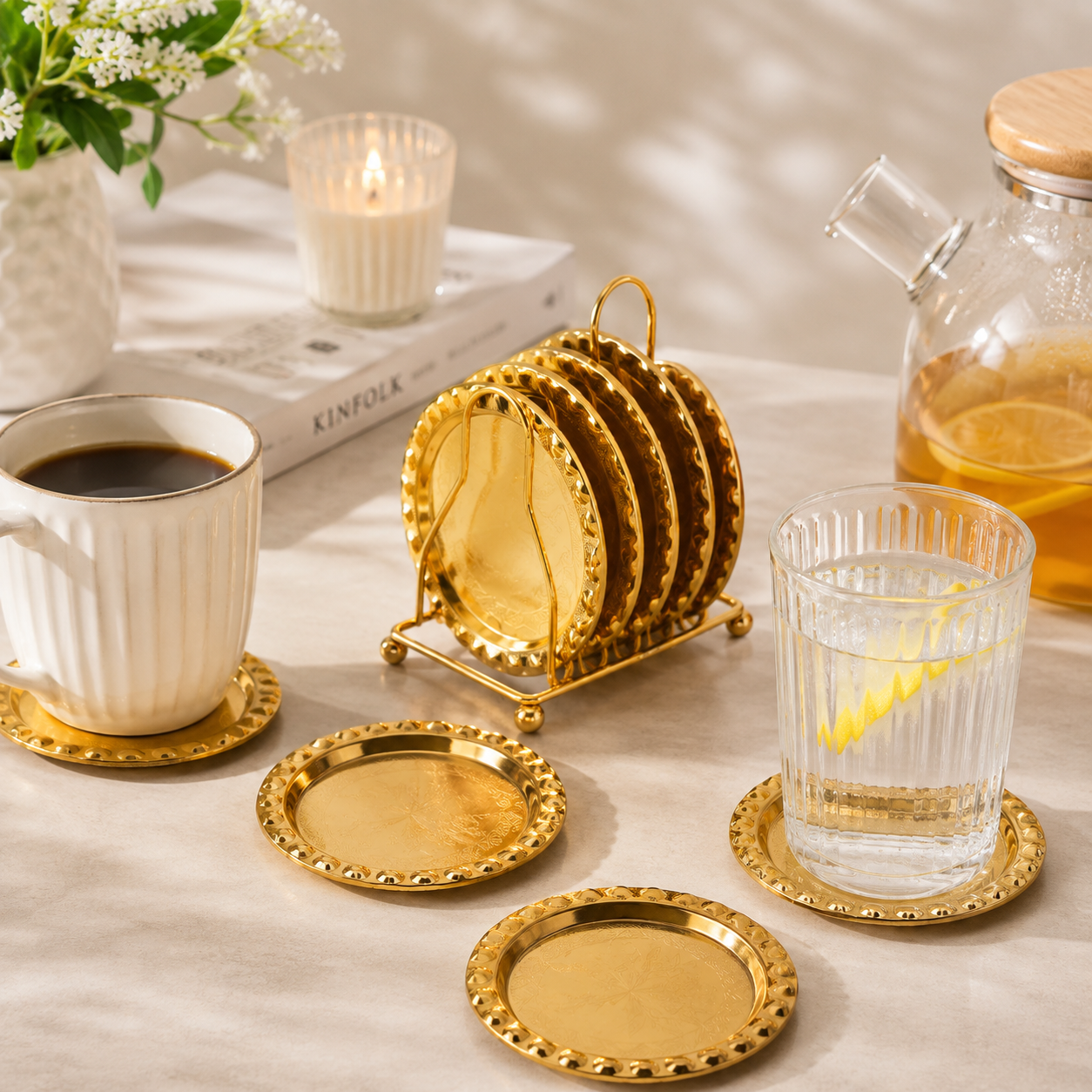 Fancy 6-Piece Metal Golden Coaster Set With Stand