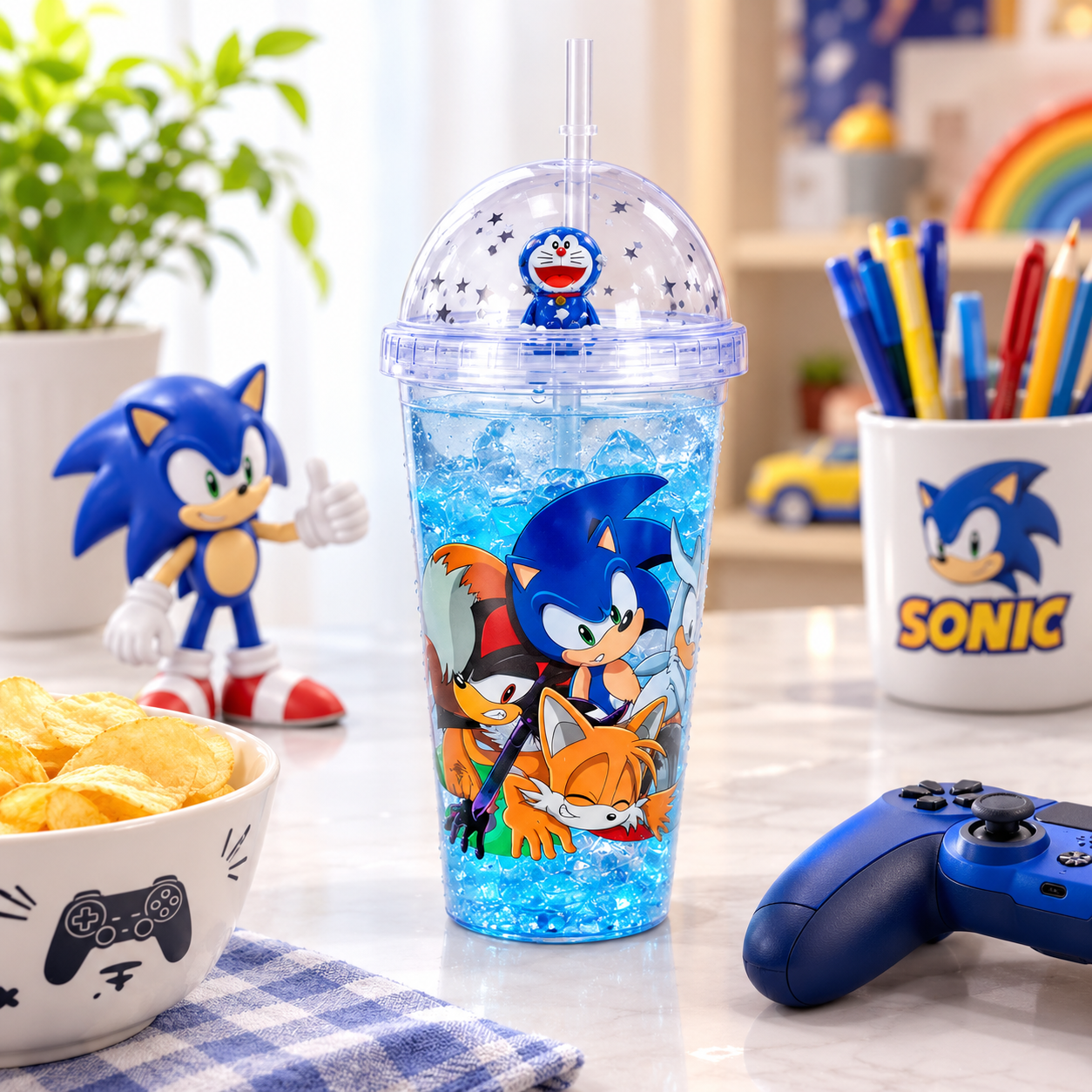 A/C 450 ML Acrylic Double Wall Cartoon Glitter Tumbler With Plastic Straw