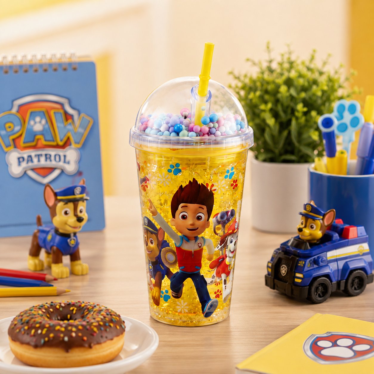 A/C 450 ML Acrylic Double Wall Cartoon Glitter Tumbler With Plastic Straw