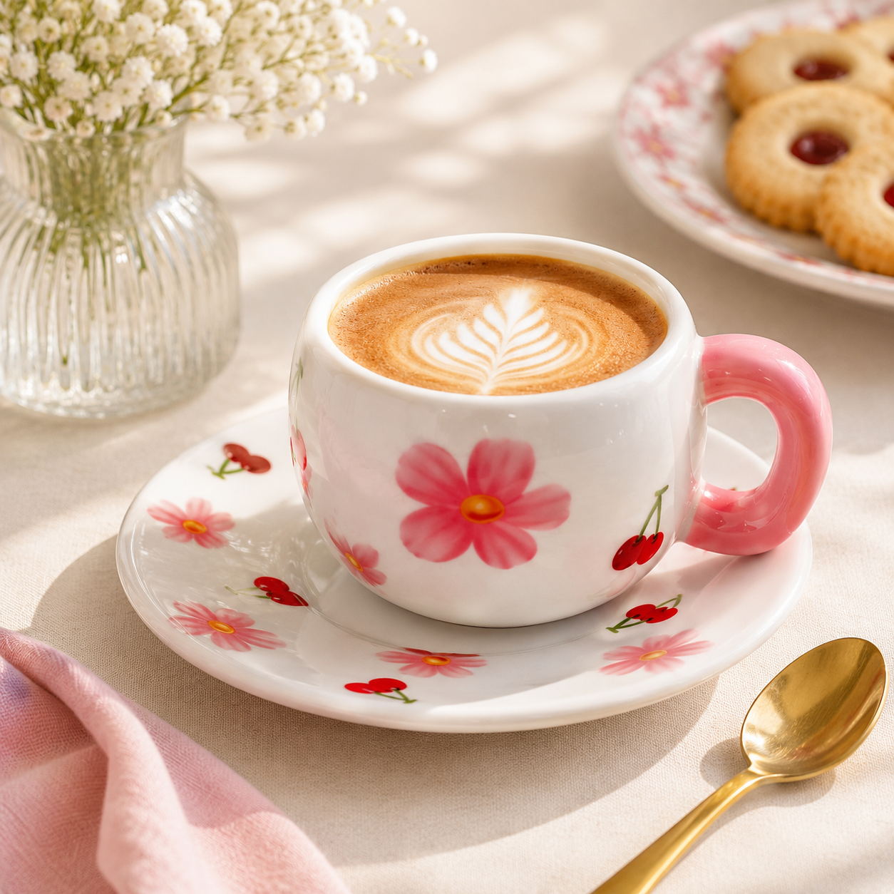 Cherry Blossom 300 ML Ceramic Mug With Saucer