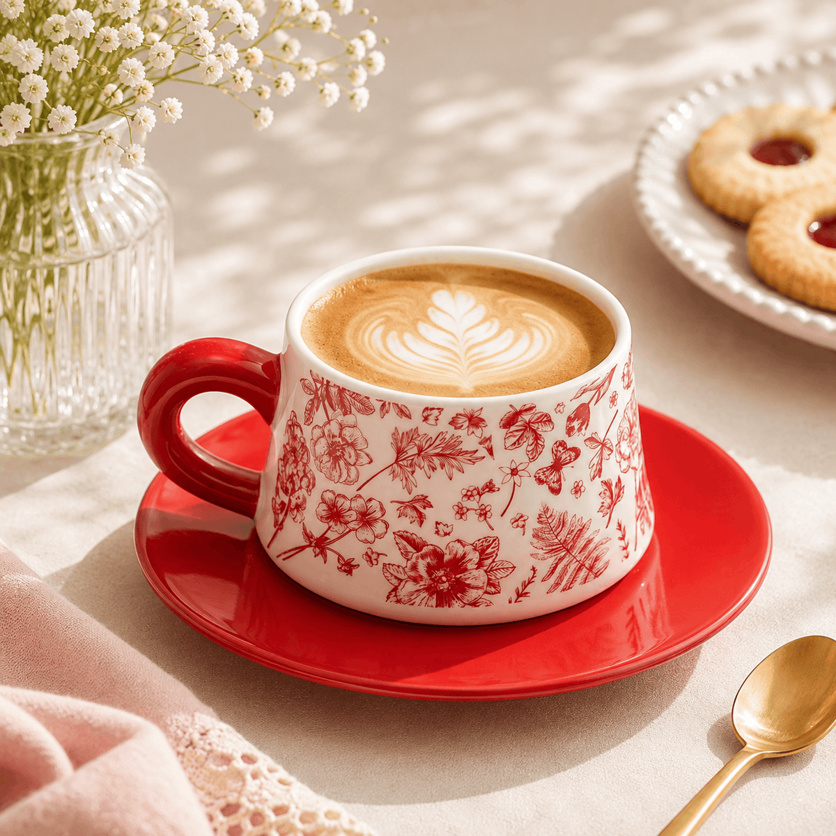 Red Vintage Botanical 300 mL Ceramic Cup And Saucer Kaka Bawa Sons