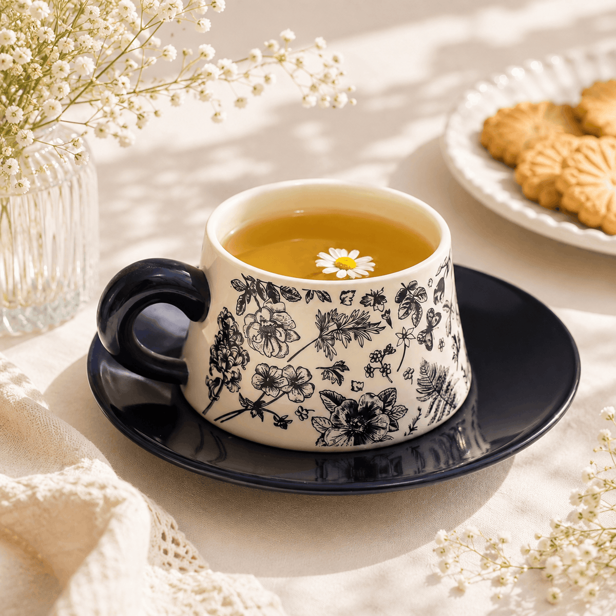 Monochrome Botanical 300 mL Ceramic Cup And Saucer Kaka Bawa Sons