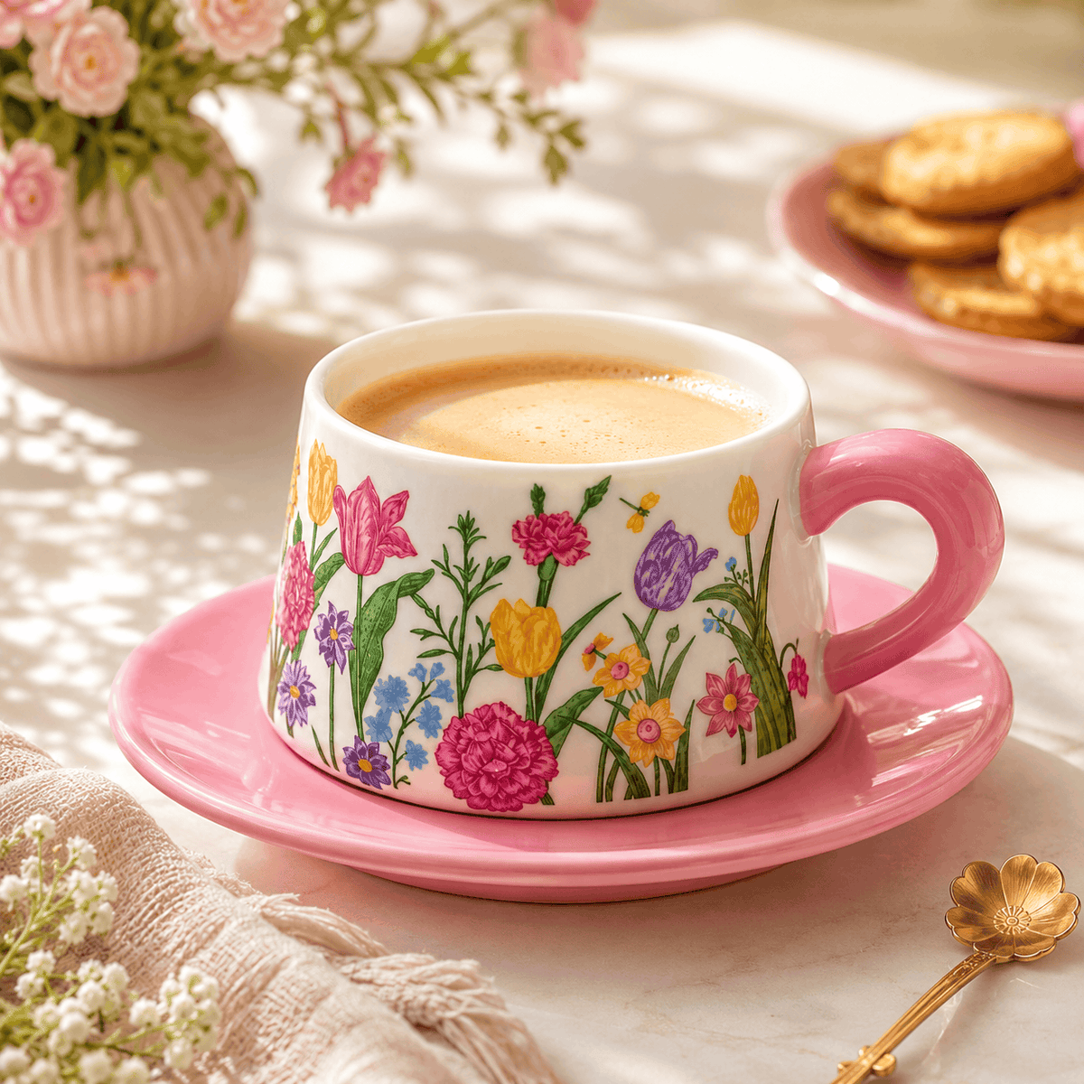 Pink Tulip Garden 300 mL Ceramic Cup And Saucer Kaka Bawa Sons