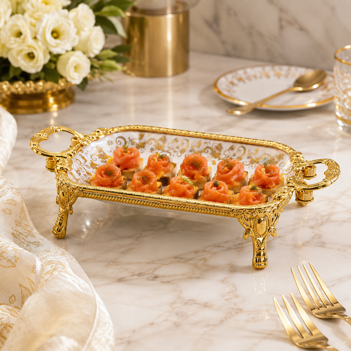 Brilliant Porcelain Rectangular Dish - Golden Flower - 10.5 Inch