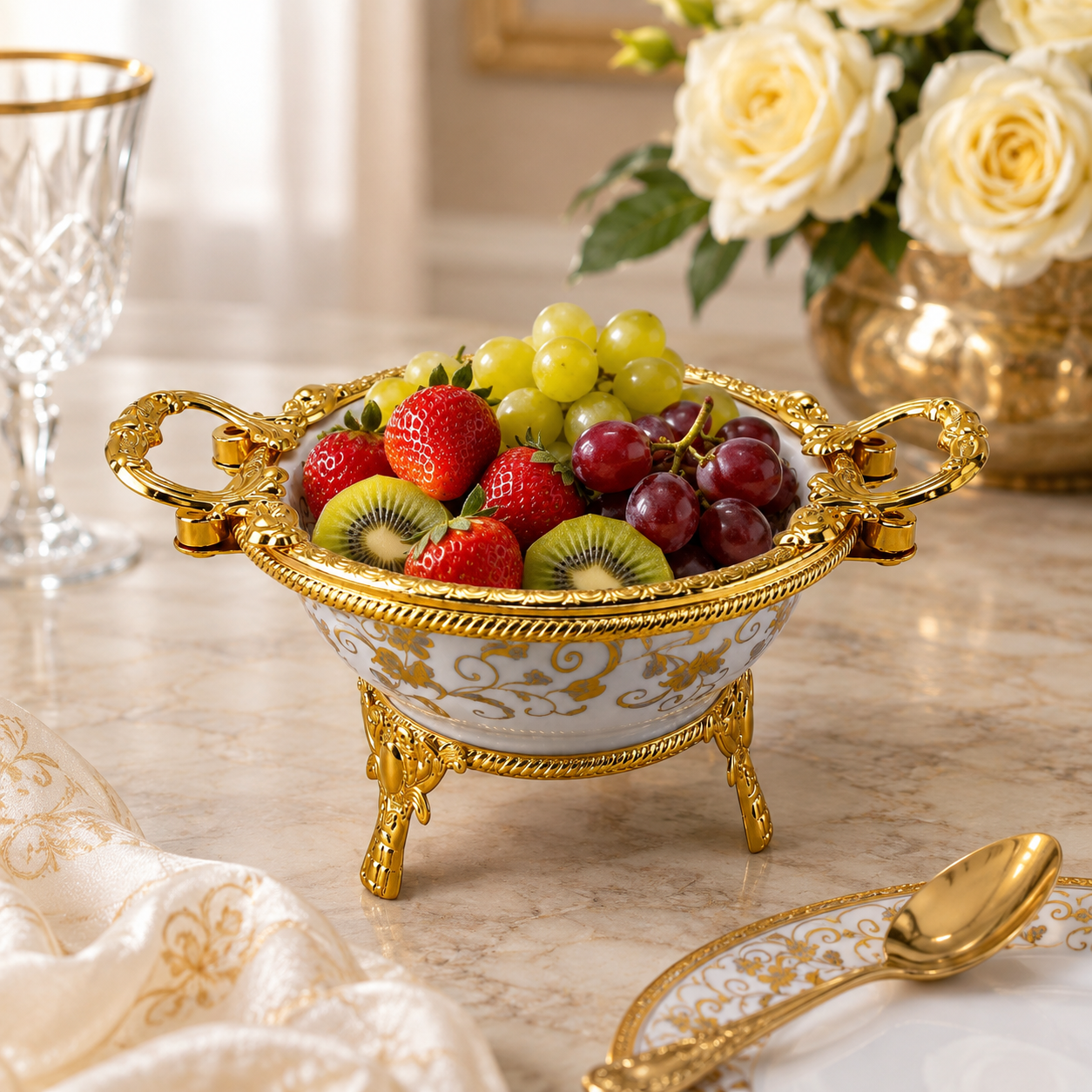 Brilliant Porcelain Serving Bowl - Gold Flower - 7 Inch
