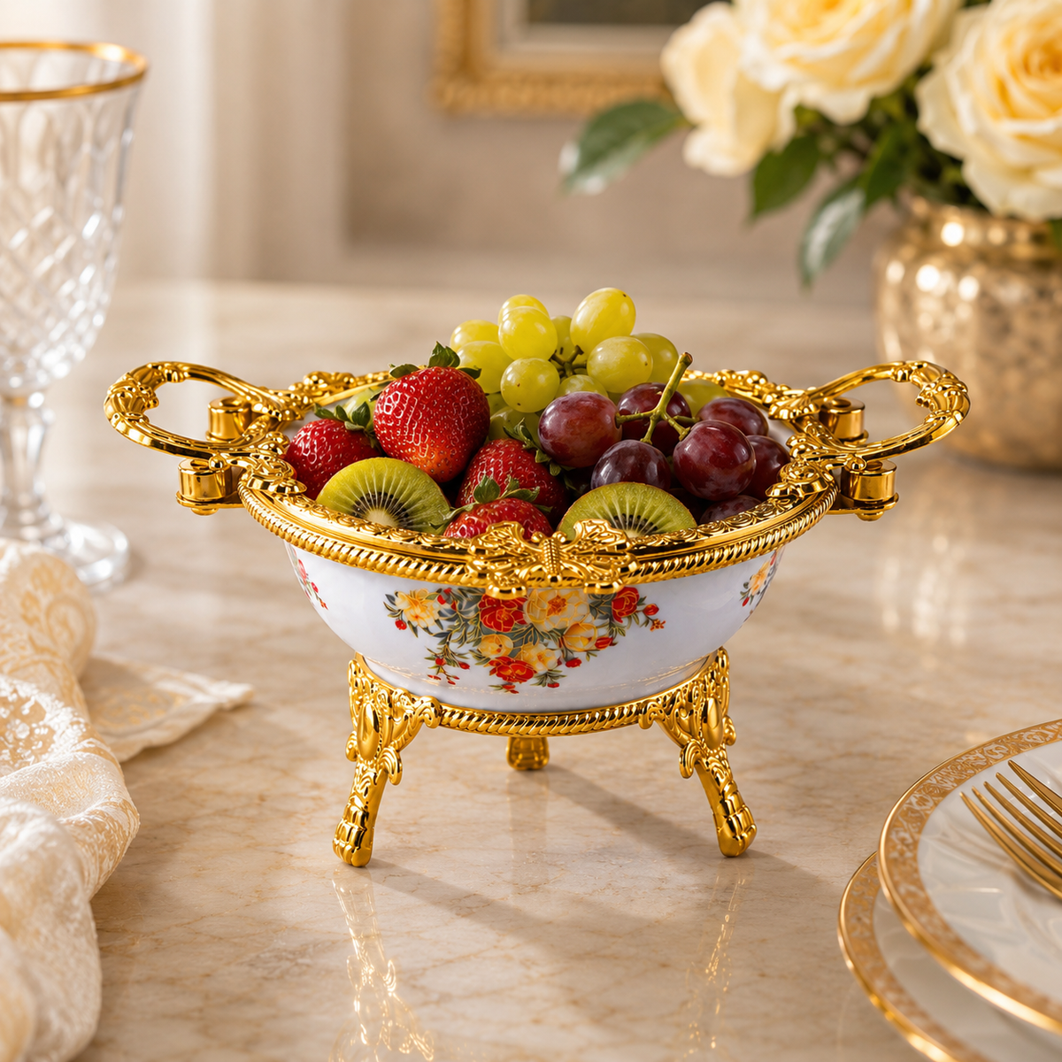 Brilliant Porcelain Serving Bowl - Ornate Gold Flower - 7 Inches
