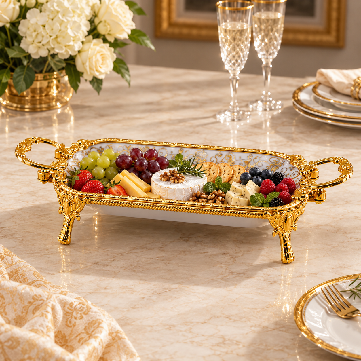 Brilliant Porcelain Rectangular Serving Dish - Gold Flower - 12.5-Inch