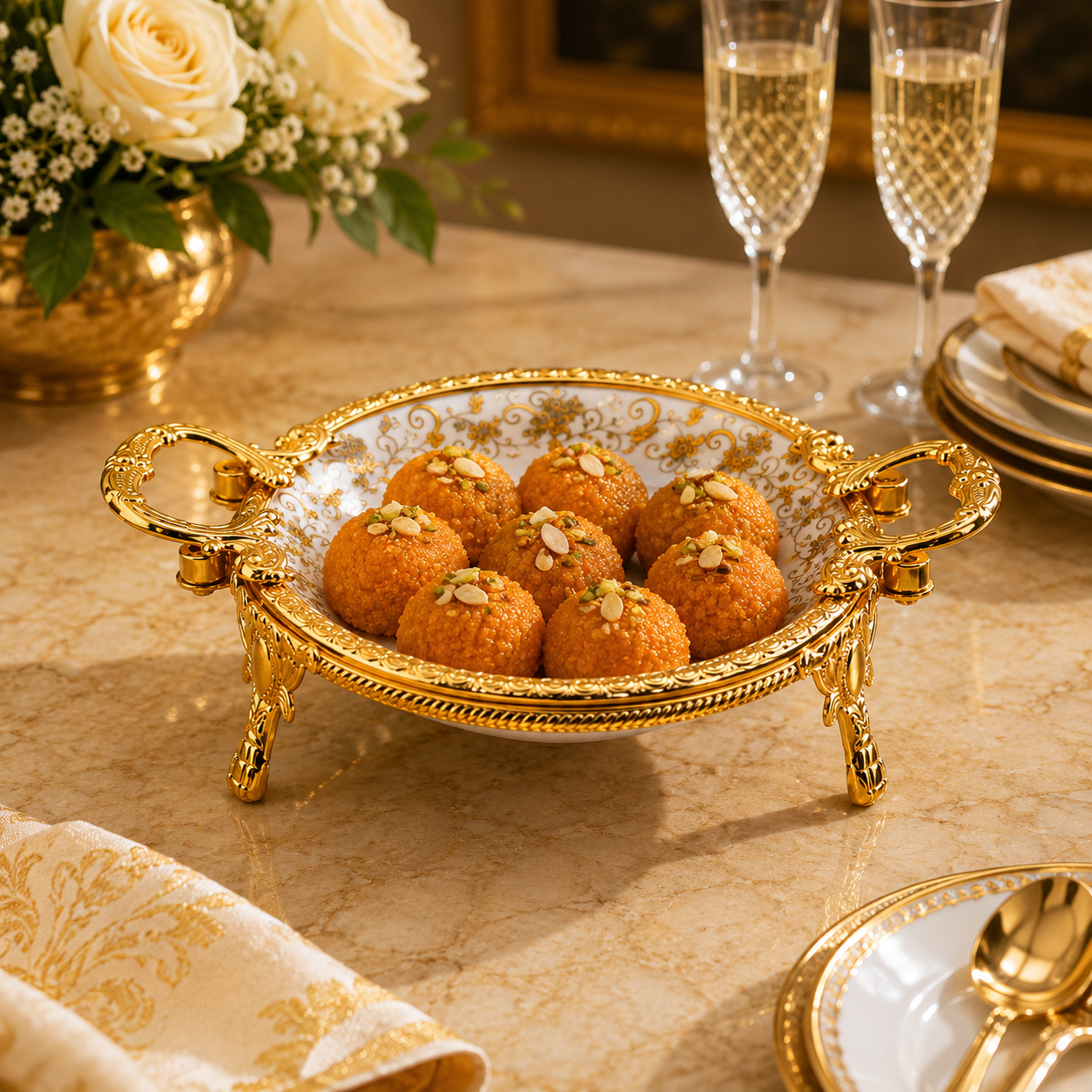 Brilliant Porcelain Round Serving Dish - Golden Flower - 8.5 Inch