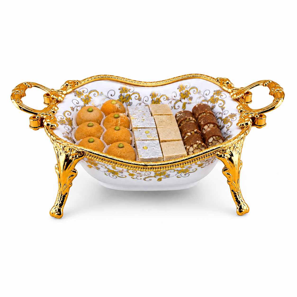 Brilliant Porcelain Oval Wavy Serving Dish - Golden Flower - 11 Inch