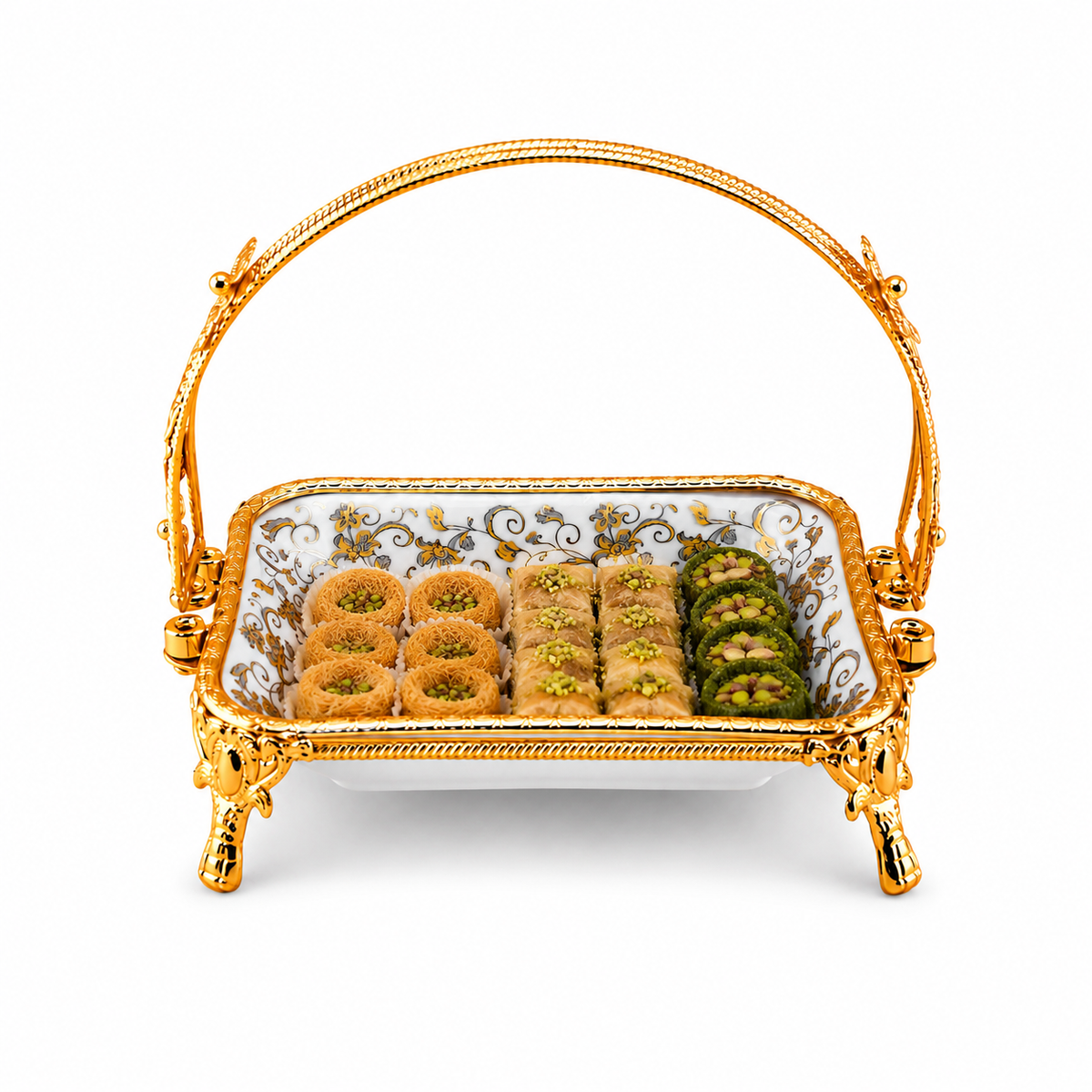 Brilliant Porcelain Rectangular Serving Dish With Ornate Stand - Golden Flower - 9.5 Inch