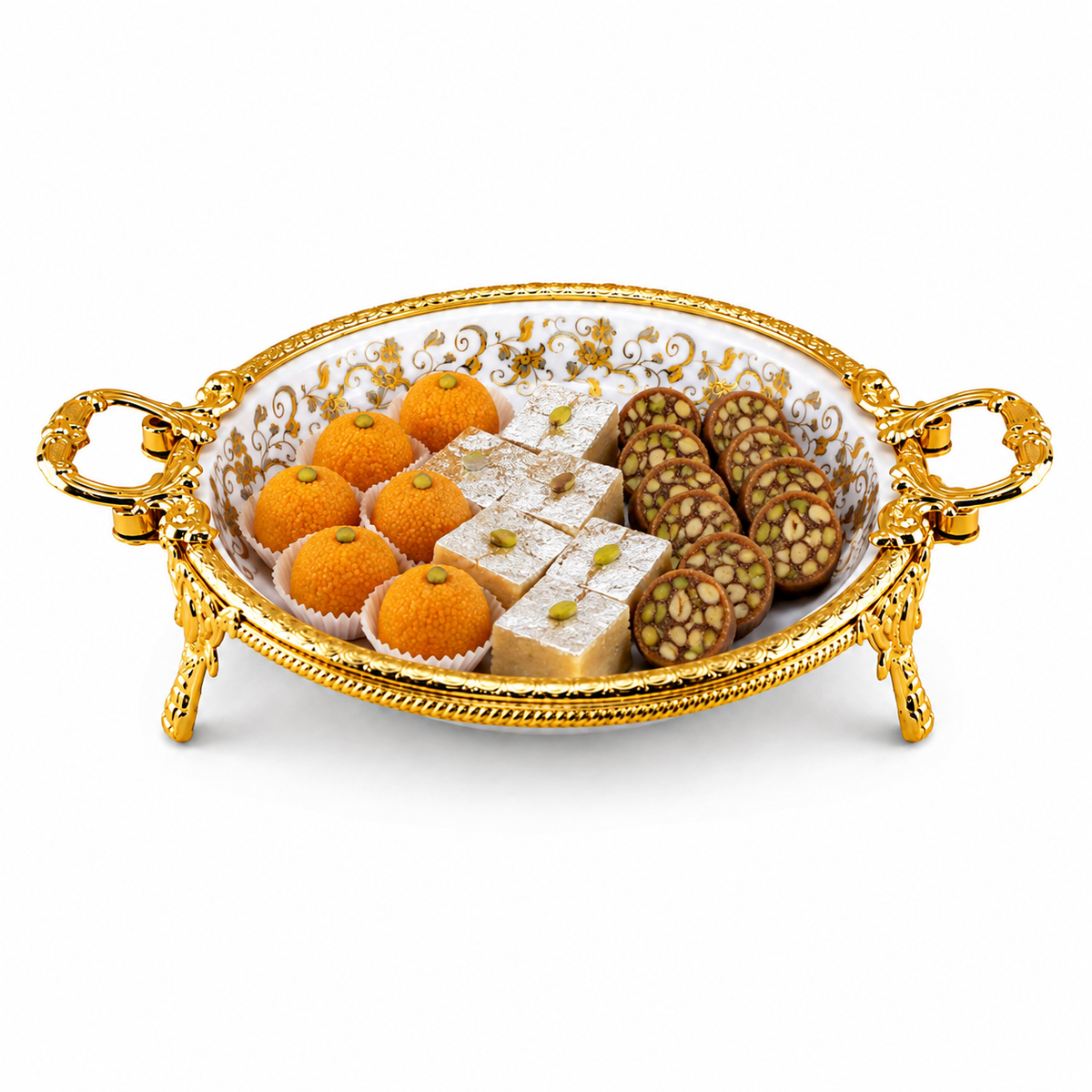 Brilliant Porcelain Round Serving Dish – Golden Flower Elegance, 10.5 Inch