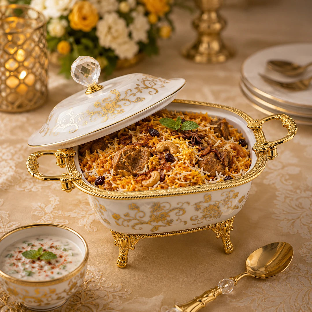 Brilliant Porcelain Square Serving Bowl | Golden Flower |10 Inch